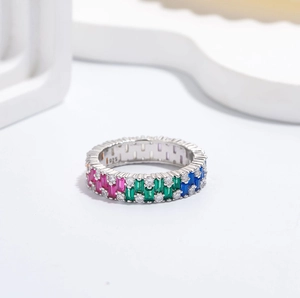 Close-up of S925 sterling silver stamp and colorful trapezoid zircon inlay work