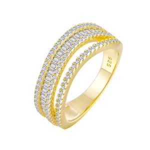 925 silver 18k gold plated ring with multi-row pave diamonds and baguette cut crystals