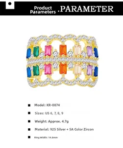 Macro shot of 14.8mm wide hollow 925 silver ring with colorful zircons on white background