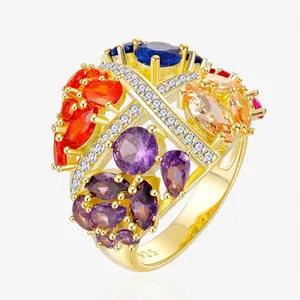 925 Sterling Silver Plated 18K Gold Multicolored Zirconia Statement Ring For Women Exaggerated Hollow Cross Cocktail Ring Jewelry