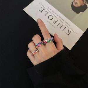 Rainbow CZ eternity ring set in 925 silver, showcasing colorful stacked band styling