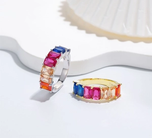 Detailed macro view of S925 silver stamp on colorful gemstone eternity rings