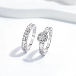 S925 Sterling Silber Partnerringe Set mit quadratischem Zirkon und Schneeflocken-Muster