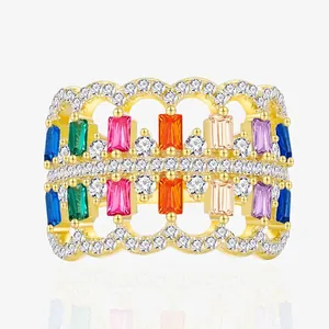 Luxury 925 Sterling Silver Colorful Zirconia Wide Ring For Women Exaggerated Hollow Rainbow Geometric Band Fashion Jewelry Gift