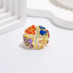Spherical 925 silver 18k gold ring with colorful pear-cut gemstones and cubic zirconia