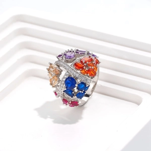 Exquisite 925 silver ring with colorful multi-gemstones and pavé diamonds design
