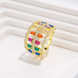 Exaggerated wide band 925 sterling silver ring with colorful gemstones and 18k gold plating