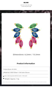 S925 silver leaf stud earring with marquise-cut colored zircons and detailed dimensions