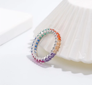 Detailed close-up of S925 silver rainbow ring with multi-color rectangular zircon stones