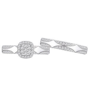 S925 Silberring-Set mit Zirkonia im Kissenschliff und geometrischem Pavé-Design