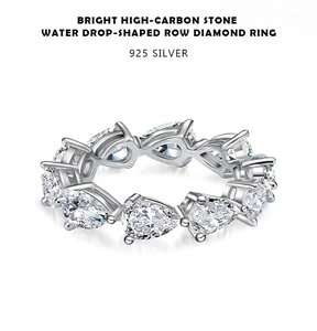 Detail of 925 silver ring featuring pear-cut high-carbon stones in water drop shape