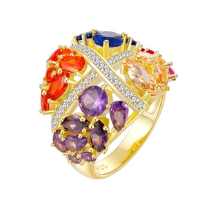 Exquisite 925 sterling silver gold-plated ring with colorful gemstones and hollow design