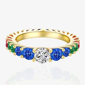 Original Design S925 Sterling Silver Rainbow Ring For Women Geometric Multicolor Zirconia Inlaid Brilliant Cut Wedding Engagement Jewelry