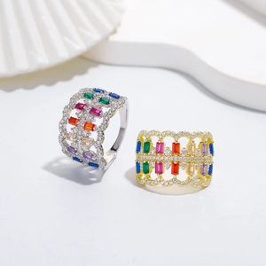 Exaggerated wide 925 silver 18k gold plated ring with colorful baguette CZ stones