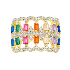 Exaggerated wide band 925 silver 18k gold hollow ring with colorful rectangular crystals