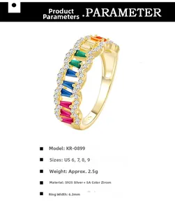 Detail view of wave-shaped S925 silver ring with colorful zircons and size specifications