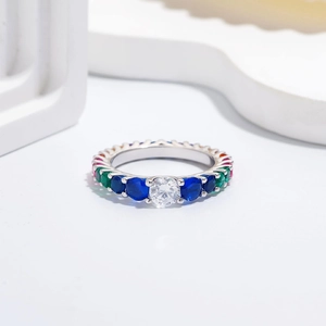 Elegant S925 silver ring featuring rainbow zircons and a round white center stone