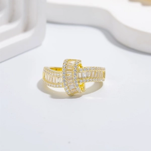 Chic 18k gold plated 925 silver wavy ring with micro-pave rectangular zircon stones