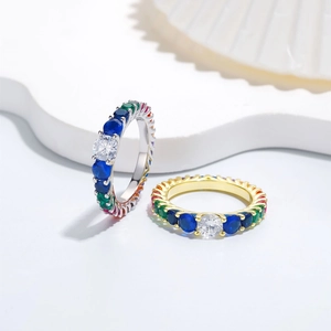 Rainbow cubic zirconia S925 silver ring set in gold and silver finish with shell decor