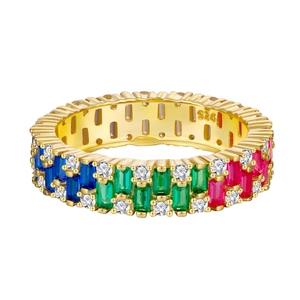 Elegant S925 silver gold-plated ring with colorful trapezoid and white zircon stones