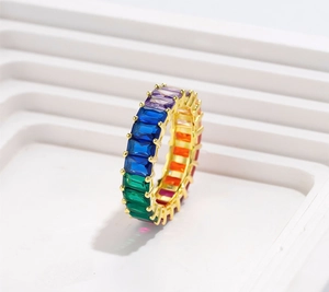 Macro shot of S925 silver rainbow ring featuring rectangle-cut multi-color cubic zirconia