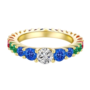 Rainbow gemstone S925 silver ring with colorful zircons and round cut white main stone