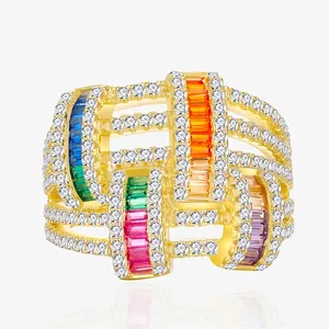 925 Sterling Silver Wide Band Ring For Women Colorful Zirconia Micro Pave Hollow Woven Ring 18K Gold Plated Jewelry Gift