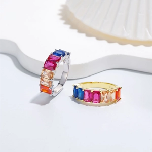 Rainbow eternity rings in S925 sterling silver with colorful rectangular gemstones