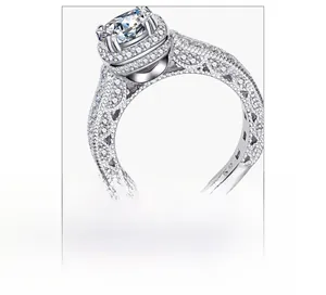Macro side view of S925 silver ring featuring a 7mm round diamond and hollow carved details