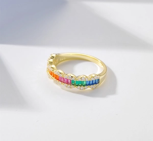 Detailed macro view of S925 silver gold ring with rainbow gemstones and s925 hallmark