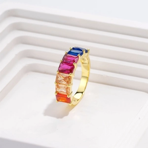 Gold plated S925 silver ring with multi-colored rectangular baguette cubic zirconia