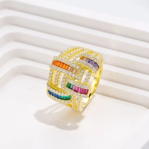 Wide woven 925 silver ring with 18k gold plating and rainbow zircon stones