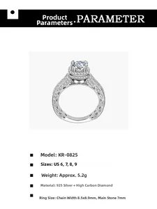 Detailed size specifications for 925 sterling silver halo ring with 7mm carbon diamond