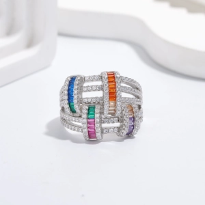 925 silver wide woven ring with rainbow cubic zirconia and 18k gold plating details