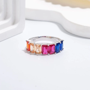 Rainbow gemstone 925 sterling silver ring with colorful rectangular cut stones