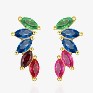 925 Sterling Silver Leaf Stud Earrings Multicolor Marquise Zirconia Inlaid Fashion Jewelry For Women Elegant Ear Accessory