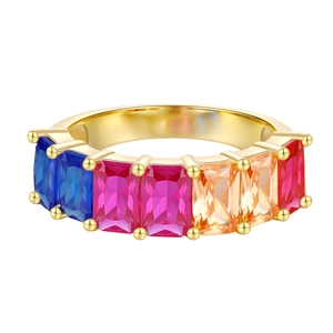 Rainbow gemstone ring with 18k gold plated silver featuring multi-color rectangular crystals