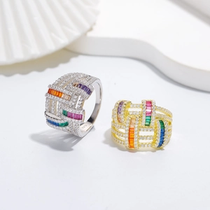 Wide woven 925 silver rings with rainbow gemstones and pavé zircons in gold and silver