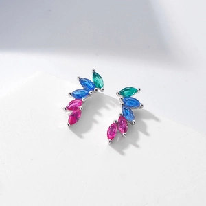 Elegant S925 sterling silver leaf stud earrings with multi-color marquise-cut crystals