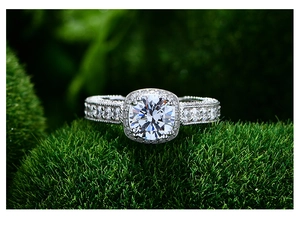 Macro shot of S925 sterling silver ring with 7mm round center stone and milgrain detail