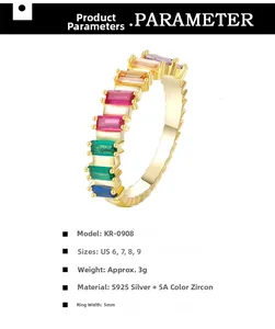 Detailed view of S925 silver ring with 5mm colorful 5A rectangular cubic zirconia inlay