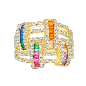 Wide hollow 925 silver ring with 18k gold plating and multi-color pavé cubic zirconia