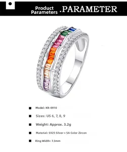 Vue détaillée de la bague arc-en-ciel en argent S925 avec zircons colorés et 7,3 mm de large