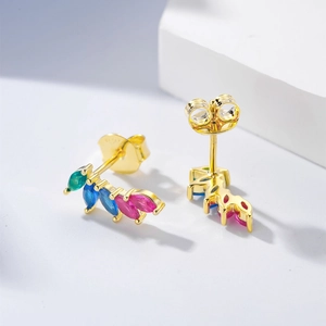 Elegant leaf-shaped colorful zircon stud earrings in gold-plated S925 sterling silver