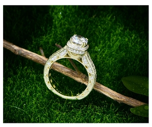 Detailed close-up of a S925 silver ring with a 7mm sparkling round gemstone on moss