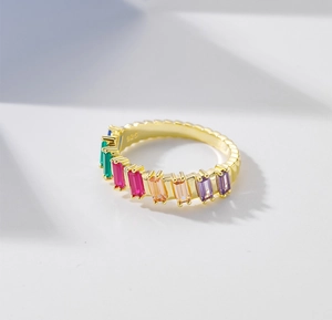 Detailed macro view of S925 silver ring featuring colorful baguette cut gemstones