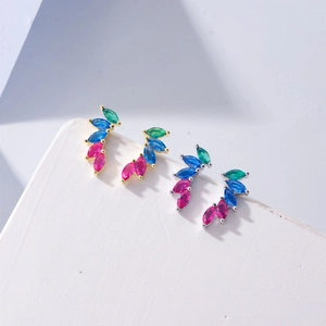 Minimalist S925 silver leaf earrings with colorful marquise-cut gems in gold and silver