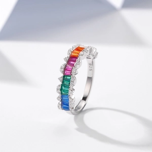 Bague en argent sterling 925 avec pierres colorées rectangulaires et diamants