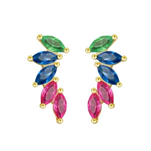 Elegant gold leaf earrings with colorful marquise-cut gems on a white background