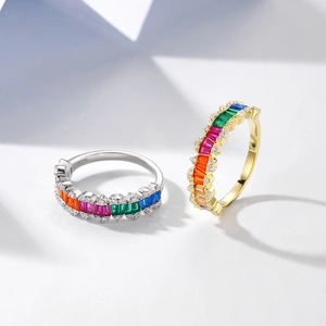 Bagues minimalistes en argent S925 arc-en-ciel avec pierres rectangulaires en or et argent